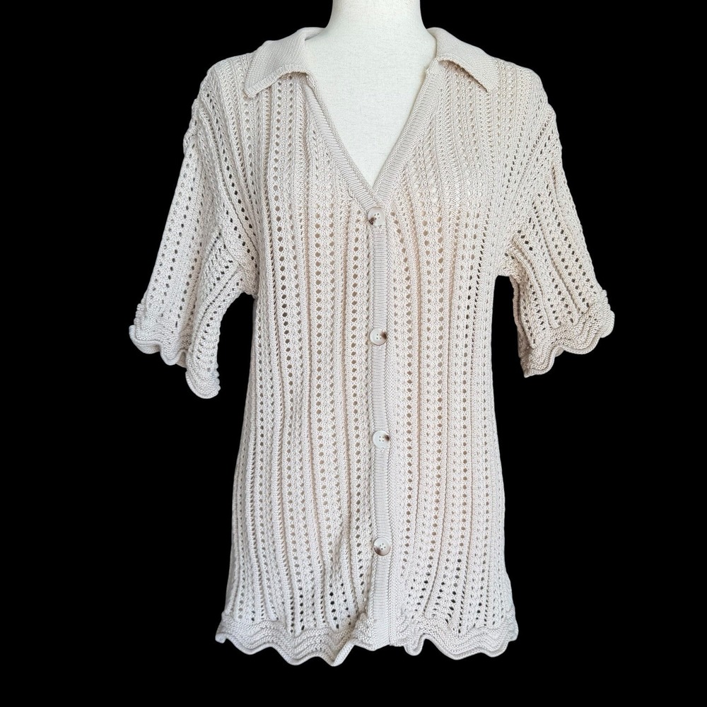 Solitaire Crochet Knit Button-Up Cardigan Blouse•Large Scalloped Coastal Grandma